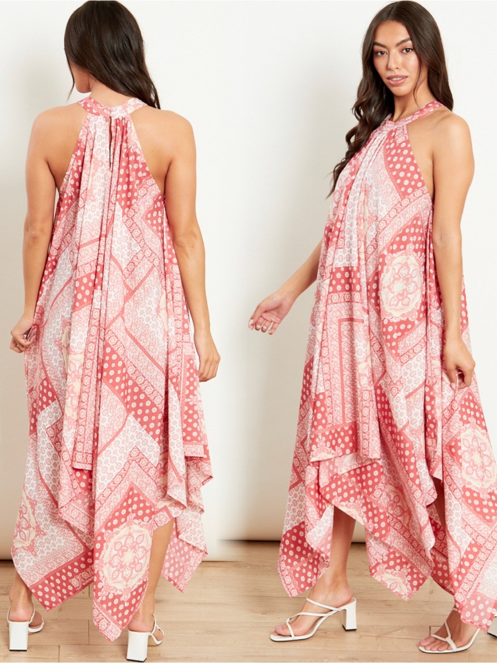 Asymmetrical Halter Sundress in Dusty Rose Print